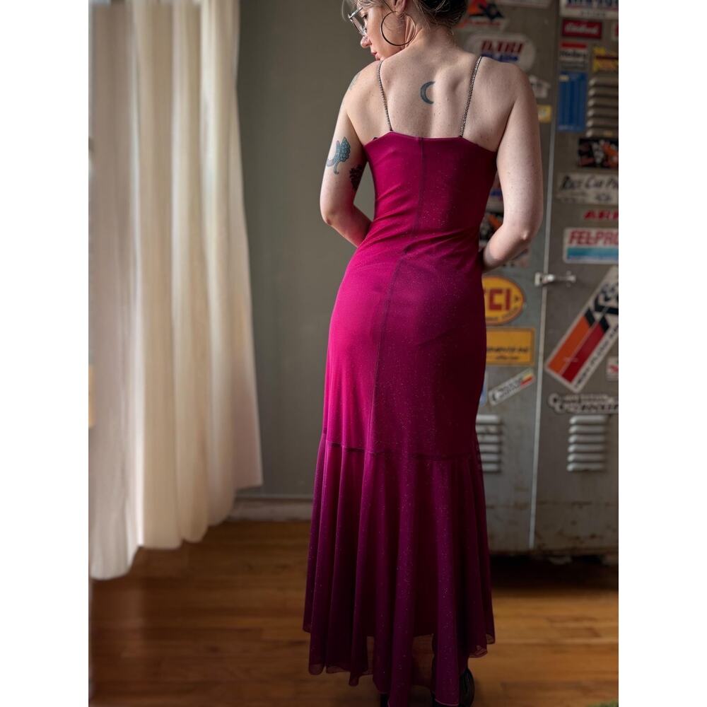 Vintage Y2K Magenta Mermaid Prom Dress | Pink Glitter Gown | Mesh Ruffle | XS - Picture 4 of 11
